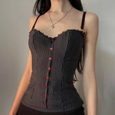 BXOXO Vintage Contrast Button Stitching Camis Women Causal Slim-fitting Sleeveless Slit Crop Top Summer Retro Striped Print Tee
